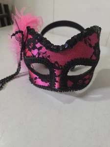 Pink Lace Masquerade Mask with Feathers and Sequins - Headband - Picture 1 of 7