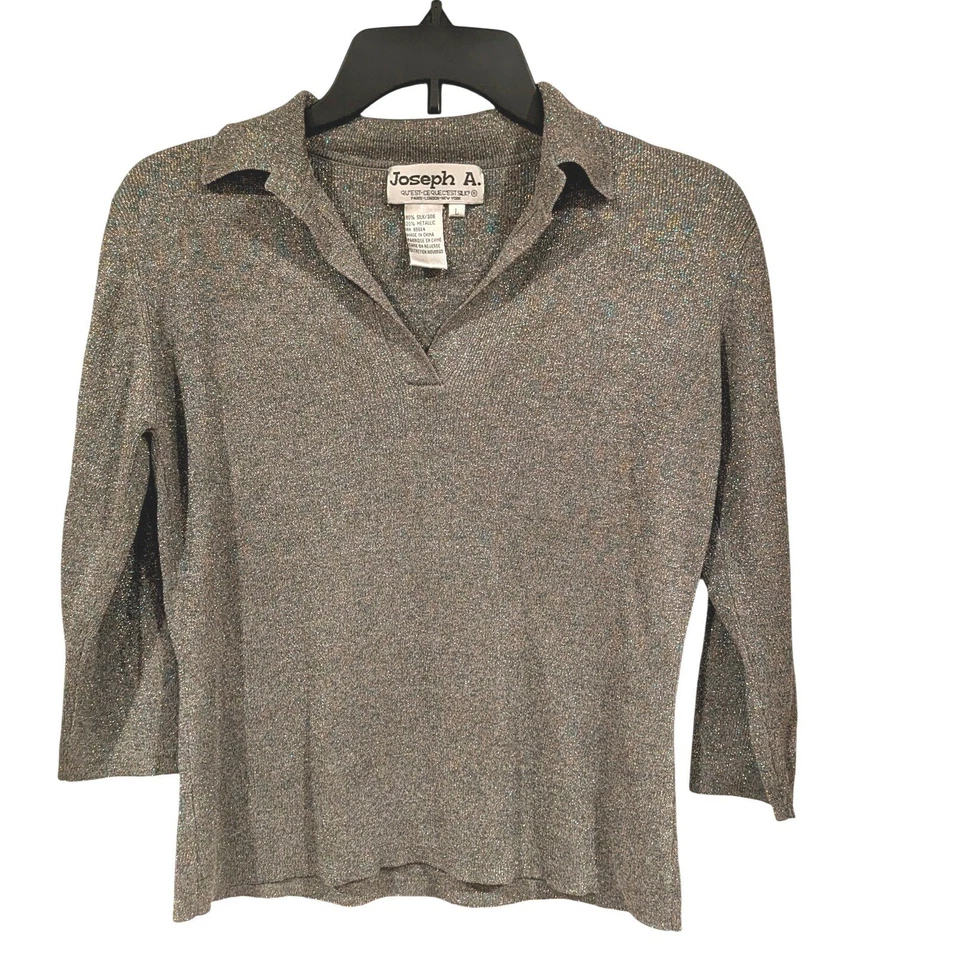 Joseph A. Women's L Metallic Silk Blend Collared 3/4 Sleeve Sweater Top Y2k - Image 1 of 4