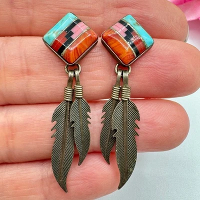 Silver and Gemstone Inlay Native Tribal Southwestern Feather Earrings Tested - Image 1 of 4
