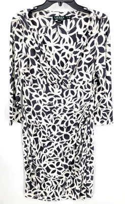 Vestido Lauren Ralph Lauren Para Mujer 12 Gris Estampado Marfil Simulado Envoltura Cuello en V Funda Foto 1 de 4