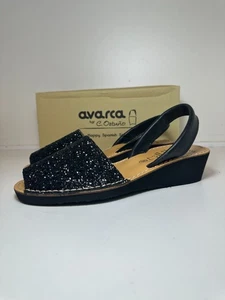 Avarca Leather Sandals Black Glitter Wedge Sole Sling Back Spanish Made New UK5 - Picture 1 of 12