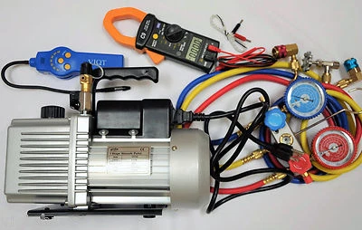 Lot:HVAC Tool Kit Set:Deep Vacuum Pump+Clamp Meter+Leak Detector+Manifold Gauge - Image 1 of 4