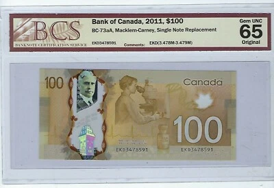  $100 Bank of Canada 2011 BC-73aA Prefixed EKD Replacement not PMG 65  - Image 1 of 2