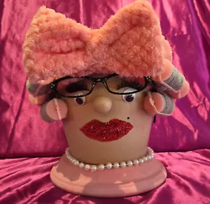 Funny Lady Face Head Planter Hand-painted Terracotta Flower Pot & Saucer - Picture 1 of 1