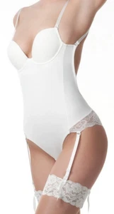 Cuerpo de encaje marfil espalda baja Poirier 34C tazas acolchadas con aros todo en uno tirantes - Imagen 1 de 5