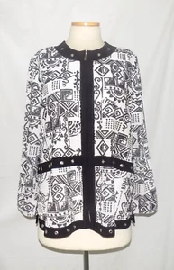 Cárdigan tejido Misook negro marfil estampado abstracto ojales de metal Jkt, cremallera frontal XL - Imagen 1 de 7