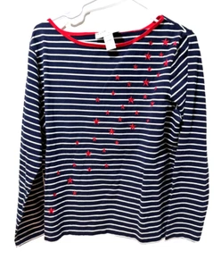 Women's blue and white striped Tee with re embroidered stars size large - Picture 1 of 7