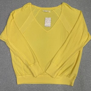 We The Free Top Thermal Waffle Knit Small Long Sleeve Yellow Free People New - Picture 1 of 15