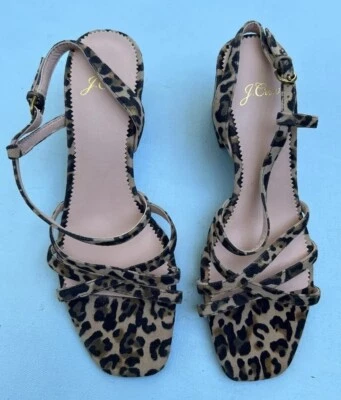 J Crew Odette Zapatos 7 Sandalias Estampado Leopardo Tacones Bloque Beige Negro Tostado Tirantes Foto 1 de 4