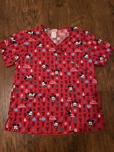 Mickey And Minnie Merry Kissmouse Medium Scrub Top Dr Nurse Vet Tech Medical - Picture 1 of 8