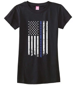 Threadrock Girls Honor & Respect Thin Blue Line Fitted T-shirt Flag - Picture 1 of 2