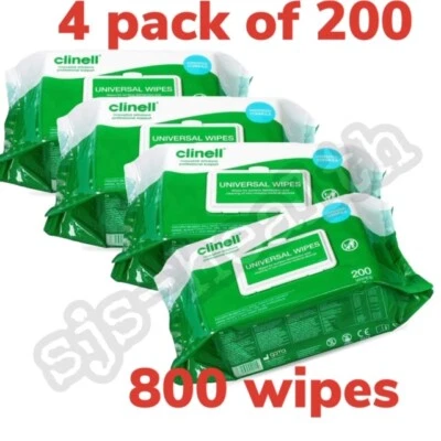 4 x CLINELL WIPES ANTIBACTERIAL WET WIPES KILLS 99.9% GERMS 200 WIPES PER PACK