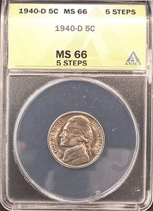 1940-D JEFFERSON NICKEL MS66 5 PASSI ANACS (X377) - Foto 1 di 2