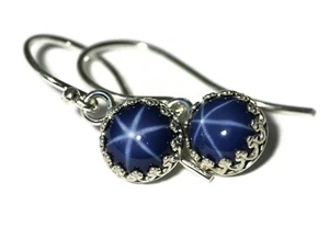 Star Sapphire Crown Bezel Drop Earrings Polished Silver (8mm Lab Created) - Picture 1 of 6
