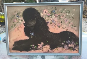 Vtg Alice Wedel Black Poodle Pink Floral Background Rare Print 20"x14" - Picture 1 of 9