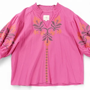 Umgee Womens Boho Peasant Top Sz Large Pink Embroidered Floral Blouse Cotton - Picture 1 of 12
