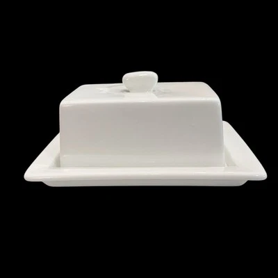 White Covered Butter Dish Ceramic w/ Handle 10 Strawberry Street - Image 1 of 4
