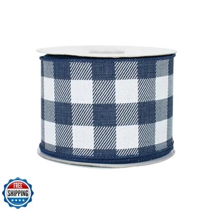 Navy Blue and White Plaid Wired Ribbon - 2 1/2" x 10 Yards, Christmas, Tree R - Picture 1 of 2