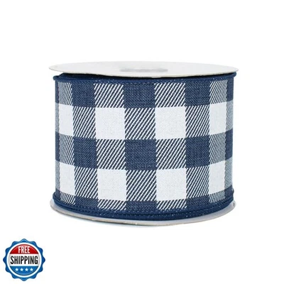Navy Blue and White Plaid Wired Ribbon - 2 1/2" x 10 Yards, Christmas, Tree R - Image 1 of 2