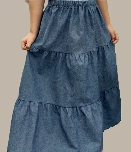 Damas Largo Completo Niveles Azul Cambray Vaqueros Falda Denim Plus S M L XL 1X 2X 3X Foto 1 de 1