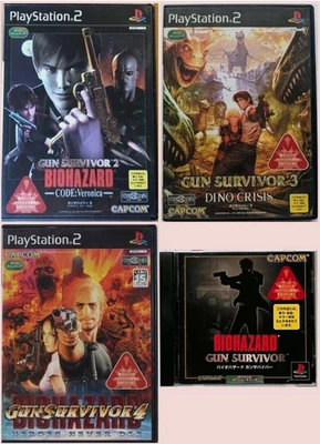 Gun Survivor 1 2 3 4 Biohazard Dino Crisis lot 4 Set PS1 PS2 with Manual Japan - Image 1 of 4