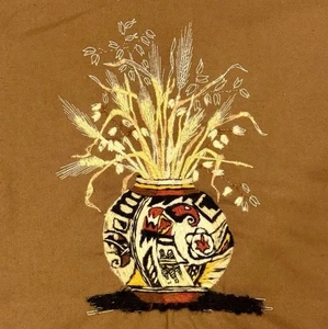 Vintage Sunset Indian Heritage Embroidered Crewel Aztec Vase Art Sunset Designs - Picture 1 of 11