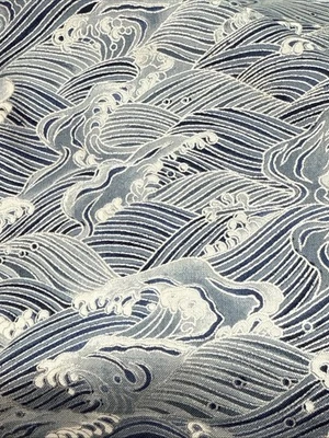 1yd Hoffman Wood Blocks Quilt Cotton Fabric Blue Metallic Asian Water/Wave Print - Image 1 of 3