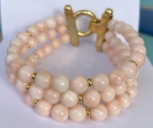 Bracciale Corallo Rosa Tre Fili Argento Dorato - Picture 1 of 5