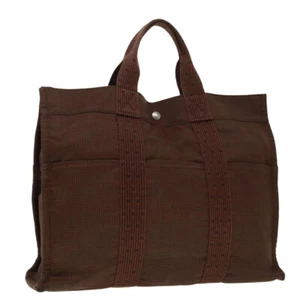 HERMES Her Line MM Tote Bag Canvas Brown Silver Auth 92596 - Picture 1 of 22
