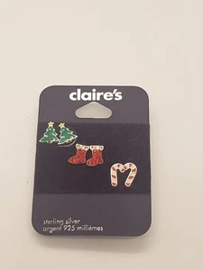 Claires Sterling Silver Christmas 3 Earrings Set Candy Cane Tree  Stocking  - Picture 1 of 2