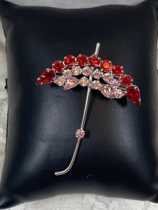Vintage Regenschirm Brosche signiert B David seltene Farben rot & rosa Strass - Bild 1 von 9