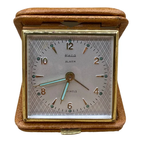 Vintage German HECO Small Travel Clock Leather Case READ Cover