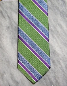Holland & Sherry Savile Row Seidenkrawatte grün blau lila weiß gestreift 3 x 60 Zoll - Bild 1 von 5