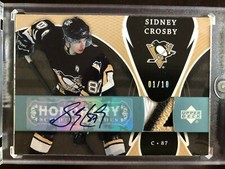 2007/08 UPPER DECK TRILOGY HONORARY SCRIPTED SIDNEY CROSBY 3CLR PATCH AUTO 1/10