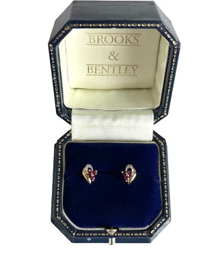 Ruby & Diamond Earrings 9ct Gold Stud Ruby Earrings Half Heart Flower Shaped - Image 1 of 4