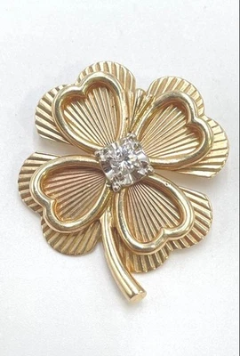 Брошь-клевер из разноцветного золота 14 карат с четырьмя листьями бриллиантов - 6,64 грамма - Изображение 1 из 4