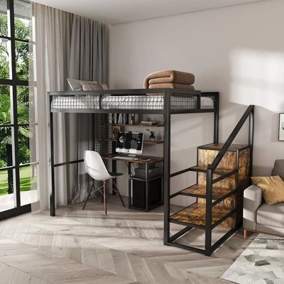 Full Size Loft Bed Metal w/Built-in Desk w/USB & Outlet & Cabinets & Staircase - Image 1 of 4