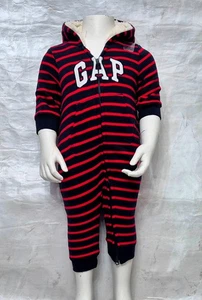 GAP Baby Boys Long Sleeve Zip Up Red Navy Babygrow & Fleece Hood Romper RP £39 - Picture 1 of 2