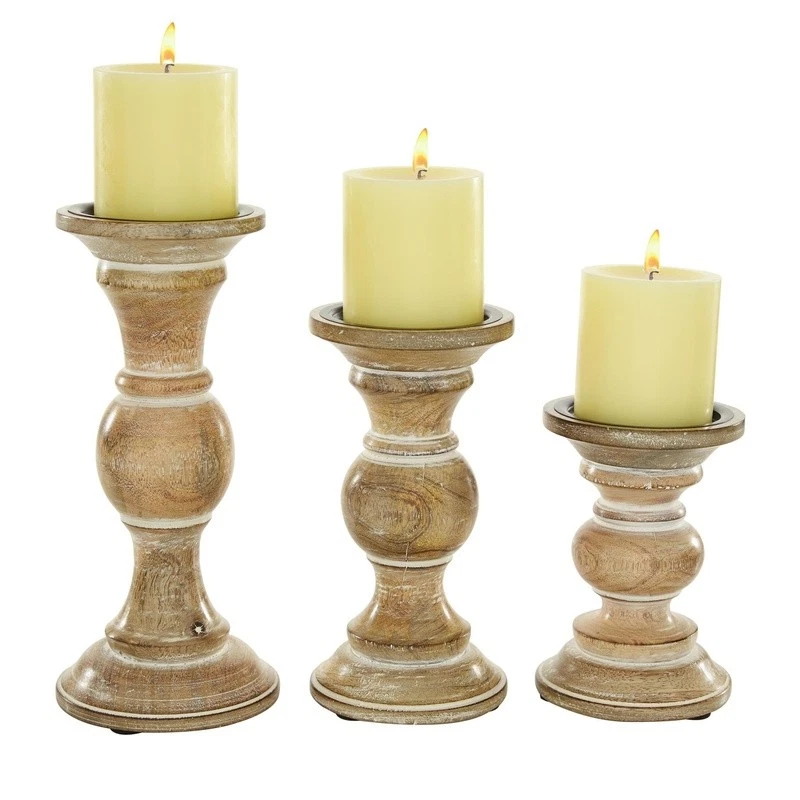 Set of 3 Dark Gray Wood Candle Holders Rustic Centerpiece Elegant Home Decor New - Imagem 1 de 4