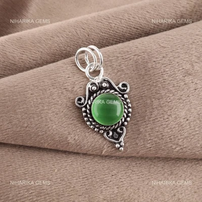 925 Argento Sterling Verde Naturale Gatto Occhio Grazie Giving Giorno Pendente - Immagine 1 di 4
