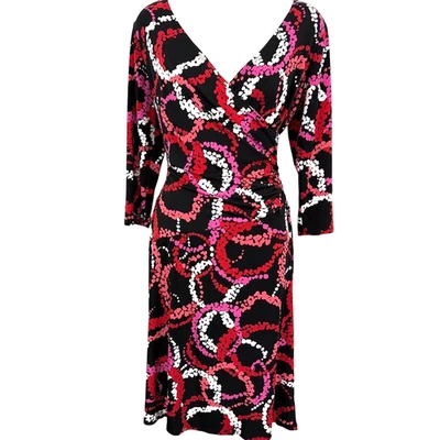 Evan Picone Womens Red Pink Wrap Look Jersey Knit Stretch V-Neck Dress sz 8 - Image 1 of 4