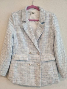 WD·NY Women’s Tweed Blazer Jacket Blue White Pearl Button Double Breasted Size M - Picture 1 of 9