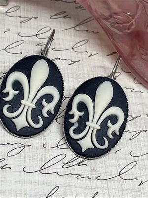 Pendientes camafeo plata NEGRO blanco flor de lis regalo aniversario cumpleaños francés Foto 1 de 4