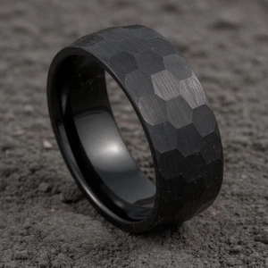 Brushed Hammered Black Tungsten Ring Men's Wedding Band Men's Ring 8mm - Picture 1 of 3