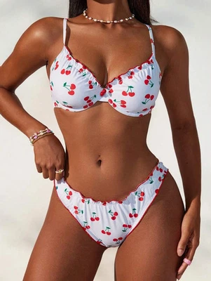 Women's Sweet Cute Floral & Cherry Print Swimsuit Bikini Set For Summer - Image 1 of 4