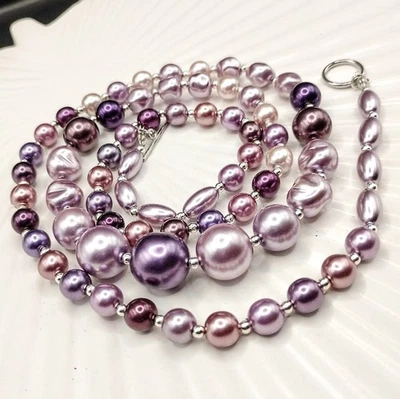 Purple Graduated Faux Pearl Necklace, Glass Lilac Lavender, Toggle, Extra Long - Imagem 1 de 4