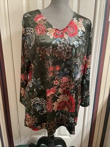 Calessa Floral Burnout Velvet Emerald Multi Tunic Pullover Long Sleeves Top XL - Picture 1 of 11
