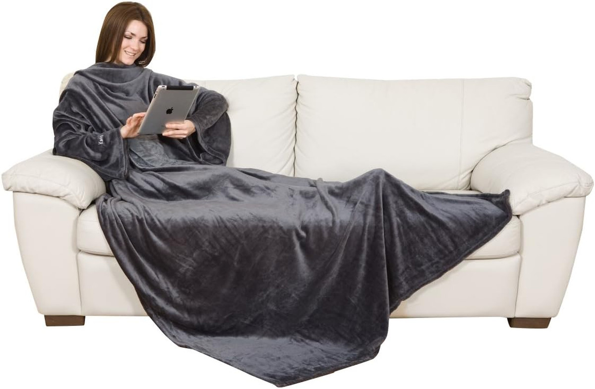 Coperta Con Maniche E Cappuccio - Plaid Indossabile Per Divano 160x130cm, Grigio Gatti - Foto 6