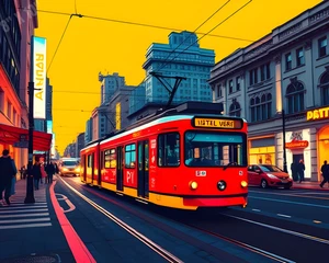 Tram in Bright City Scene Pop Art 8X10 Print - Picture 1 of 1