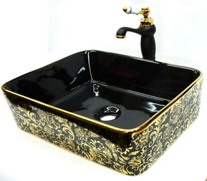 Schwarz Gold Blumen Badezimmer Garderobe Keramik Arbeitsplatte Waschbecken Waschbecken Schale - Bild 1 von 22